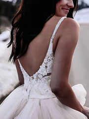 V-neck Ball Gown Wedding Dress with Appliques and Tulle Skirt