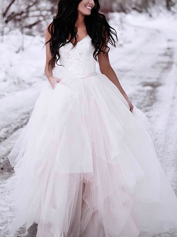 V-neck Ball Gown Wedding Dress with Appliques and Tulle Skirt