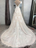 V-neck Ball Gown Wedding Dress with Tulle Court Train and Appliques Lace