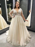 V-neck Ball Gown Wedding Dress with Tulle Court Train & Appliques Lace