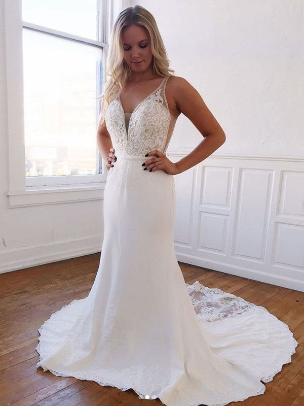 V-Neck Chiffon Court Train Wedding Dress with Appliques Lace