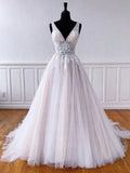 V-neck Court Train Wedding Dress with Appliques and Lace - Ball Gown