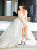 V-neck Glitter Court Train Ball Gown Wedding Dress