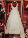 V-neck Glitter Court Train Ball Gown Wedding Dress