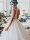 V-neck Glitter Court Train Ball Gown Wedding Dress