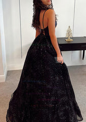 V-neck Glitter Floor-length Prom Dress - Ball Gown Style