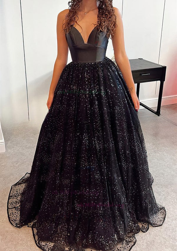 V-neck Glitter Floor-length Prom Dress - Ball Gown Style