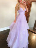 V-neck Glitter Floor-length Prom Dress With Cascading Ruffles