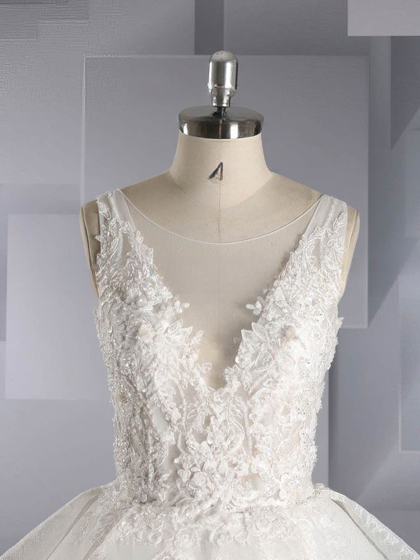 V-neck Lace Chapel Train Wedding Dress With Beading