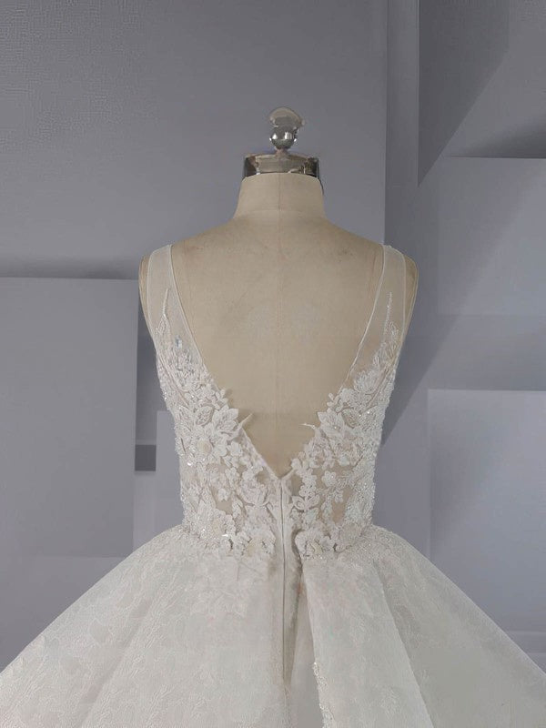 V-neck Lace Chapel Train Wedding Dress With Beading