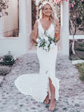 V-neck Lace Court Train Wedding Dresses with Split Front for Trumpet/Mermaid Brides