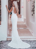 V-neck Lace Court Train Wedding Dresses with Split Front for Trumpet/Mermaid Brides