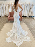 V-neck Lace Crepe Wedding Dress with Appliques and Sweep Train for Trumpet/Mermaid Look