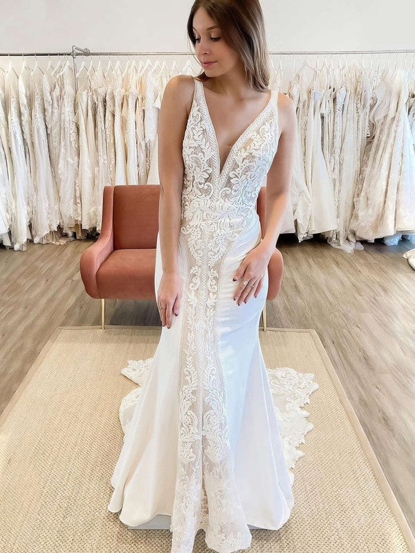 V-neck Lace Crepe Wedding Dress with Appliques and Sweep Train for Trumpet/Mermaid Look