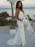 V-neck Lace Mermaid Trumpet Wedding Dress with Sweep Train