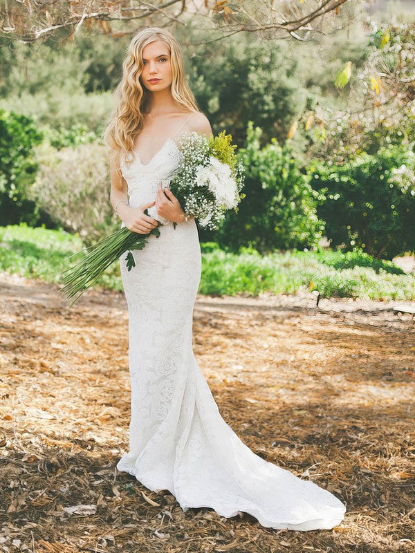 V-neck Lace Mermaid Trumpet Wedding Dress with Sweep Train