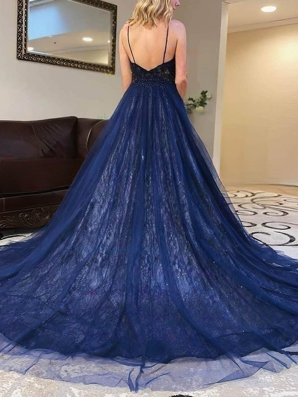 V-neck Lace Tulle Beading Ball Gown/Princess Prom Dress with Sweep Train