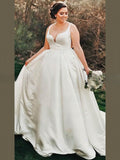 V-Neck Satin Ball Gown Wedding Dress With Beading and Court Train