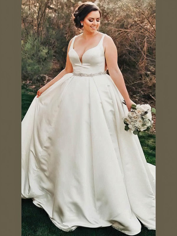 V-Neck Satin Ball Gown Wedding Dress With Beading and Court Train