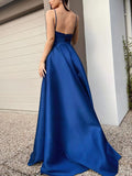 V-neck Satin Ball Gown with Pockets and Sweep Train for Prom Dresses