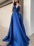 V-neck Satin Ball Gown with Pockets and Sweep Train for Prom Dresses