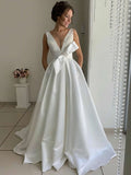 V-neck Satin Ball Gown With Pockets and Sweep Train Wedding Dress