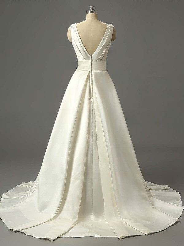 V-neck Satin Ball Gown with Sequins and Sweep Train for Wedding Dresses