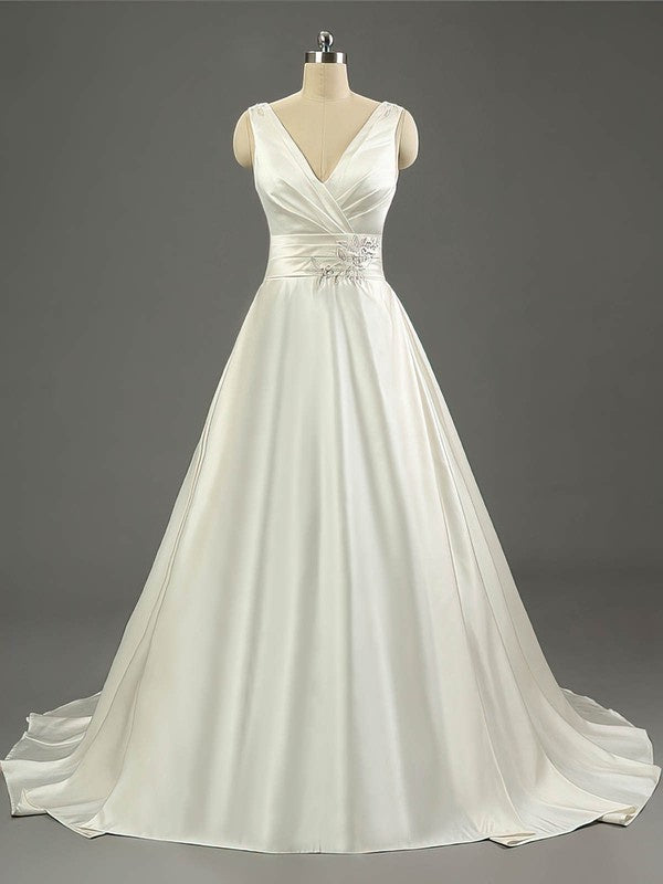 V-neck Satin Ball Gown with Sequins and Sweep Train for Wedding Dresses