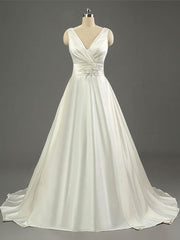 V-neck Satin Ball Gown with Sequins and Sweep Train for Wedding Dresses