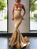 V-neck Satin Bow Prom Dresses with Trumpet/Mermaid Sweep Train