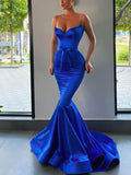 V-neck Satin Bow Prom Dresses with Trumpet/Mermaid Sweep Train