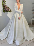 V-neck Satin Court Train Wedding Dress for Ball Gown