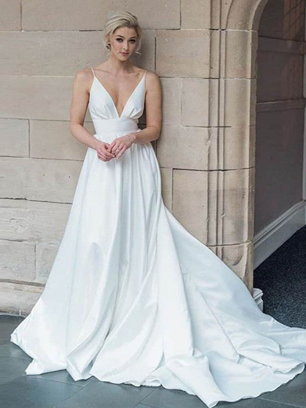 V-neck Satin Court Train Wedding Dress for Special Occasions