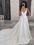 V-neck Satin Court Train Wedding Dress With Pockets - Ball Gown