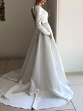 V-neck Satin Court Train Wedding Dress with Pockets for Ball Gown