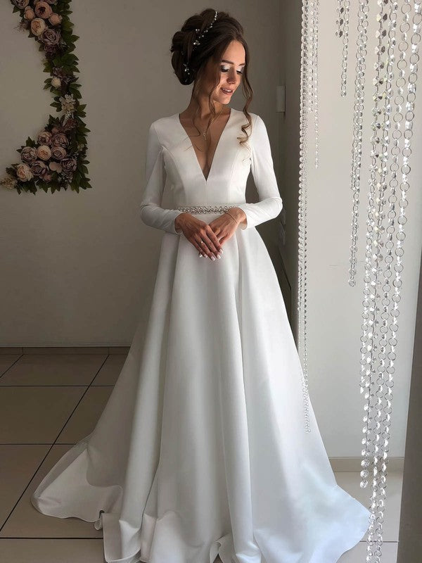 V-neck Satin Court Train Wedding Dress with Pockets for Ball Gown