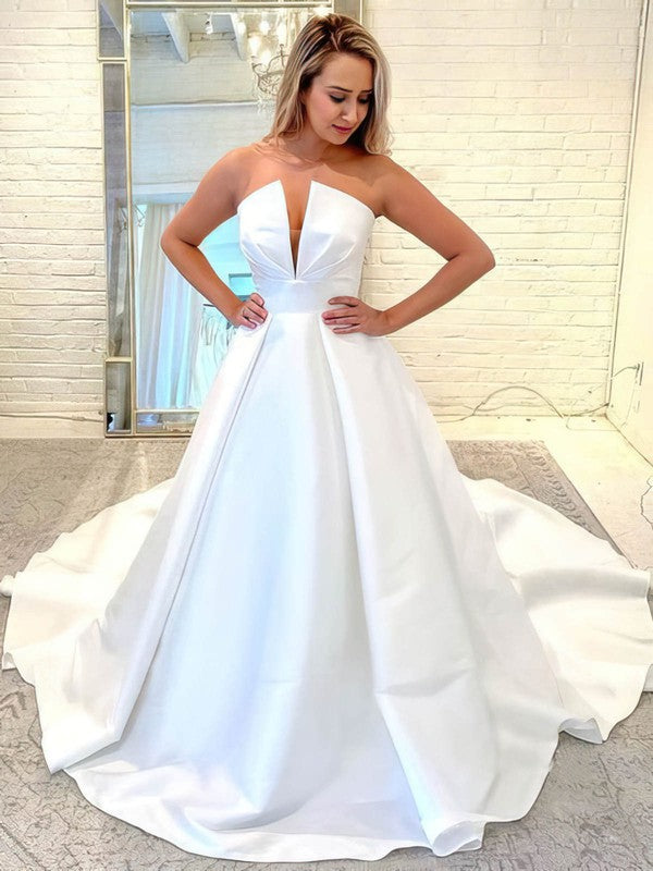 V-neck Satin Court Train Wedding Dresses for a Ball Gown Look