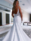 V-neck Satin Court Train Wedding Dresses With Appliques Lace - Trumpet/Mermaid