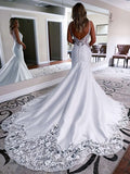 V-neck Satin Court Train Wedding Dresses With Appliques Lace - Trumpet/Mermaid