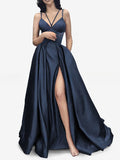 V-neck Satin Pockets Prom Dresses with Ball Gown/Princess Sweep Train