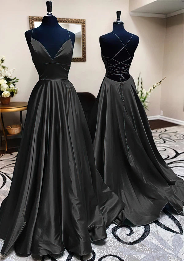 V-neck Satin Sweep Train Ball Gown Prom Dresses