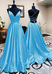 V-neck Satin Sweep Train Ball Gown Prom Dresses