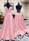 V-neck Satin Sweep Train Ball Gown Prom Dresses