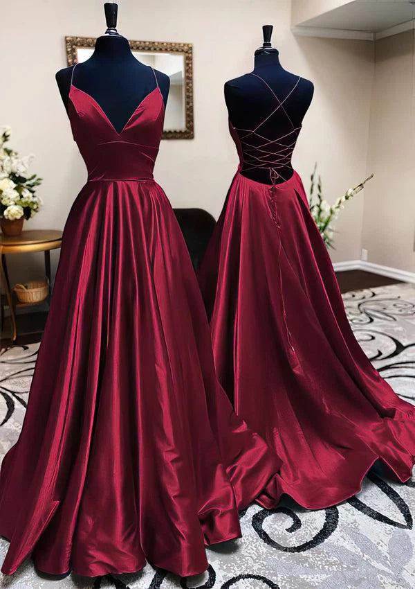 V-neck Satin Sweep Train Ball Gown Prom Dresses