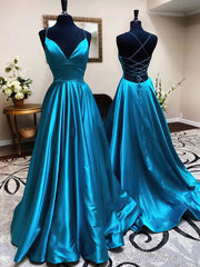 V-neck Satin Sweep Train Ball Gown Prom Dresses