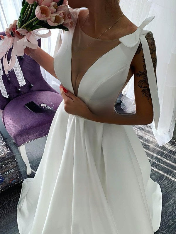 V-neck Satin Sweep Train Ball Gown Wedding Dress With Bow