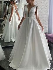 V-neck Satin Sweep Train Ball Gown Wedding Dress With Bow