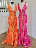 V-neck Sequined Trumpet/Mermaid Sweep Train Prom Dresses