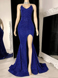 V-neck Shimmer Crepe Prom Dress with Split Front and Sweep Train