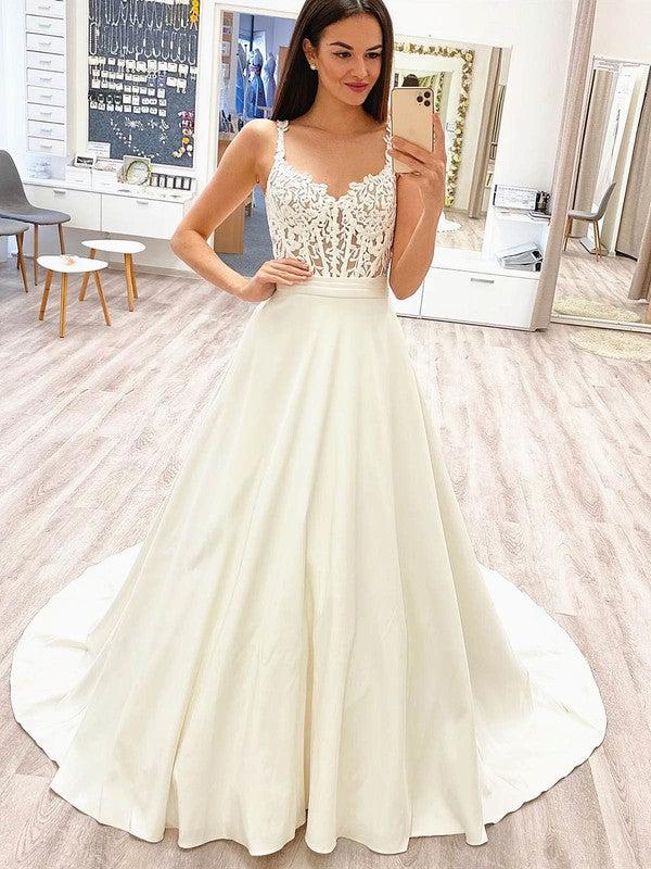 V-neck Silk-like Satin Sweep Train Wedding Dress with Appliques Lace